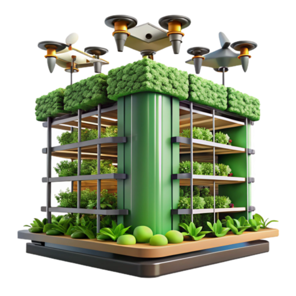 3D Illustration Vertical Farming Building with Drone Monitoring System png