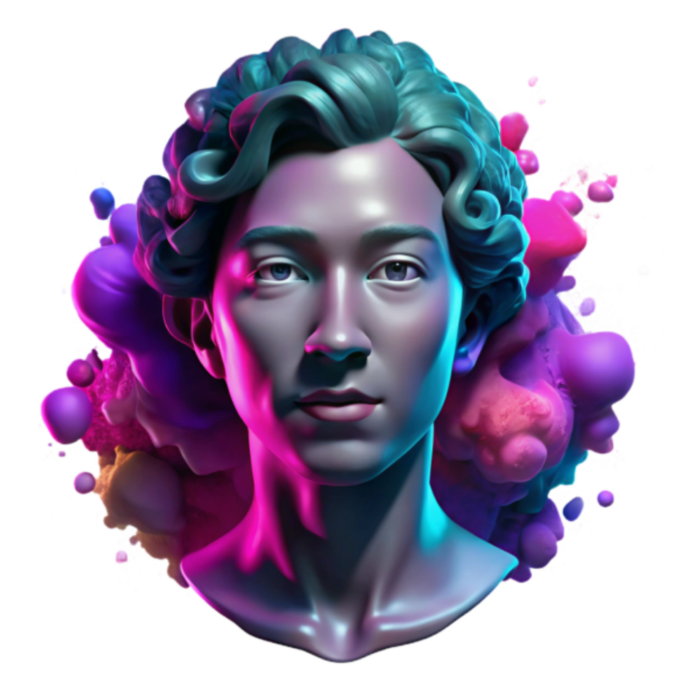 3D Render of a Neoclassical Bust Against a Vibrant Abstract Background png