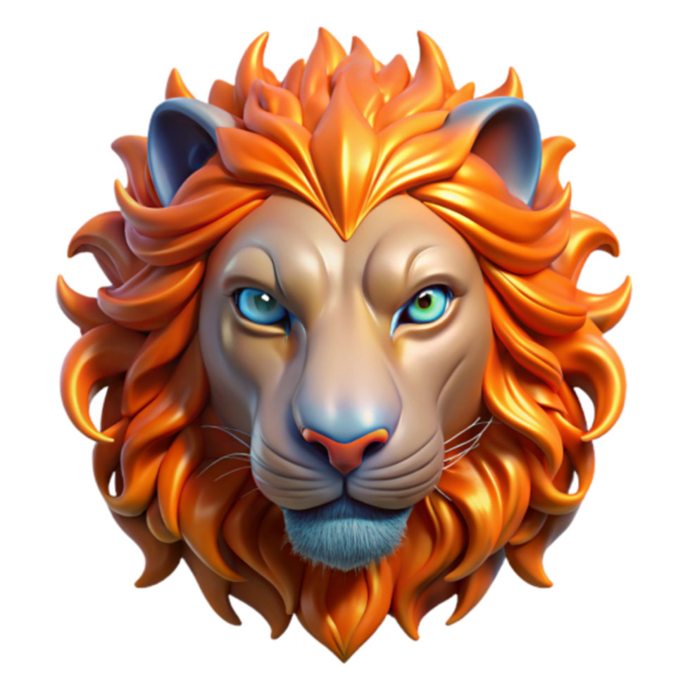 3D Render of a Majestic Lion Head with Fiery Orange Mane and Vibrant Eyes png