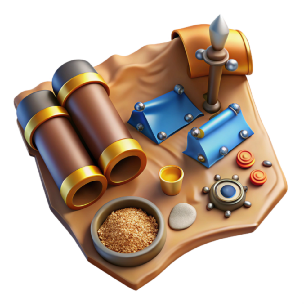3D Render of Treasure Map with Binoculars, Gold, and Compass png