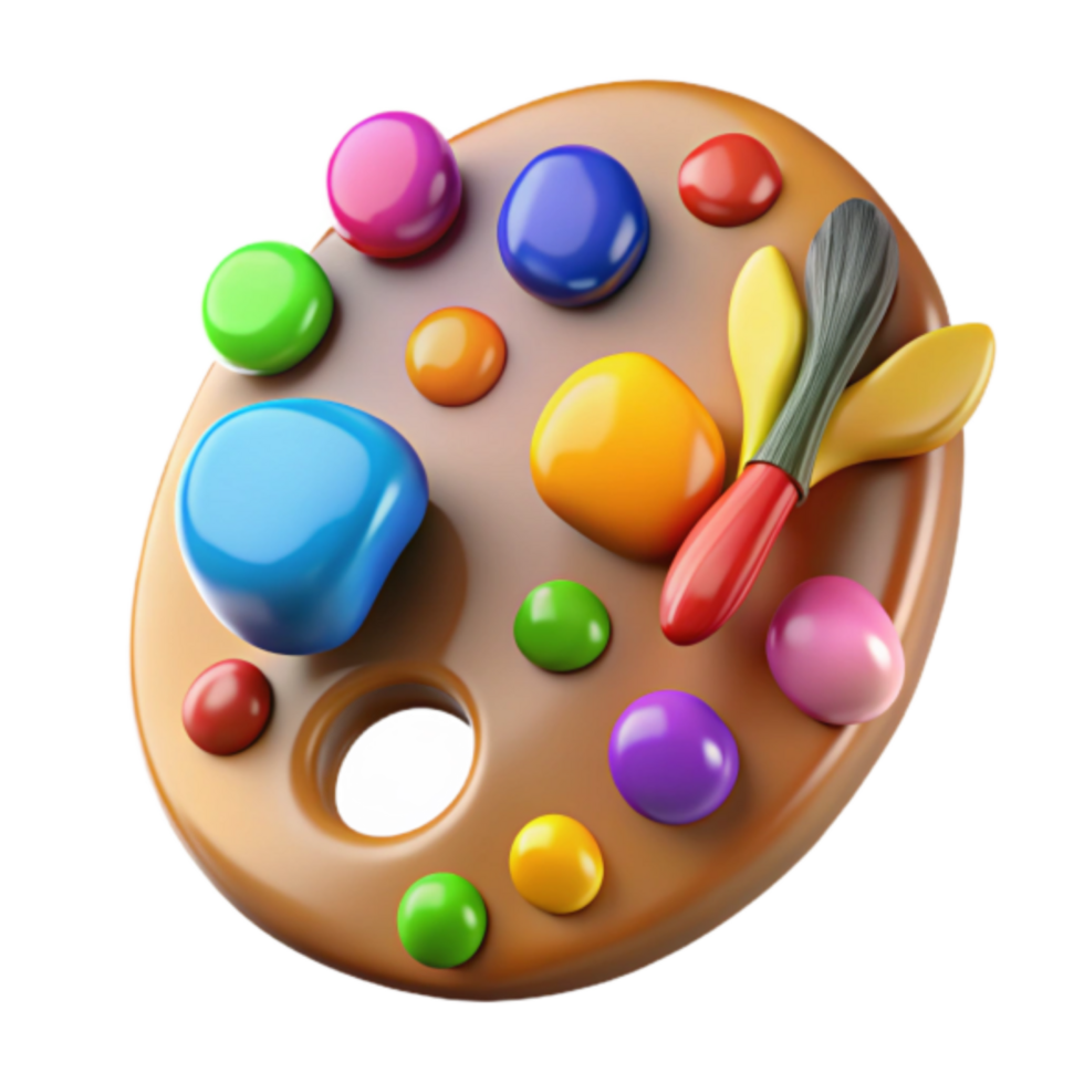 Vibrant 3D Render of an Artist's Palette with Paint and Brush png