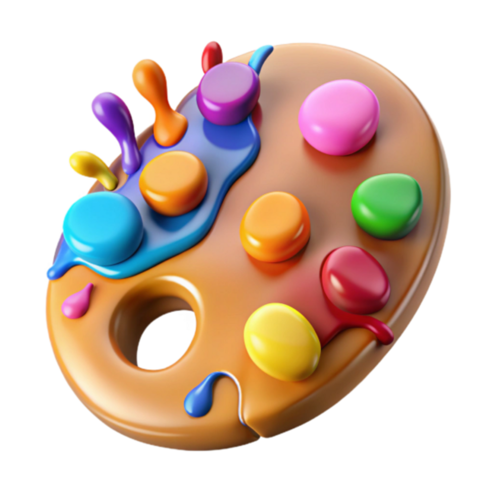 Vibrant 3D Artist's Palette Illustration Colorful Paint Splashes and Glossy Texture png