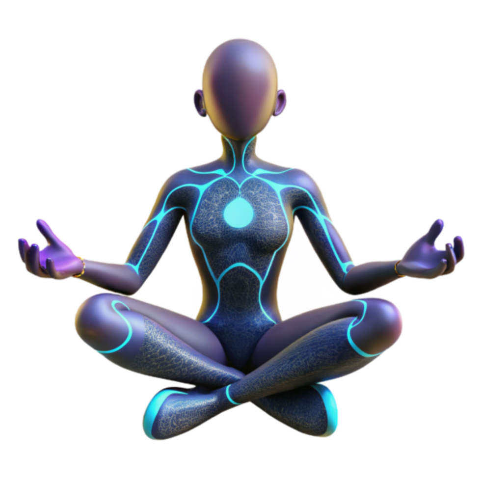 Serene 3D Render of a Meditator in Lotus Pose, Abstract Figure with Glowing Lines png