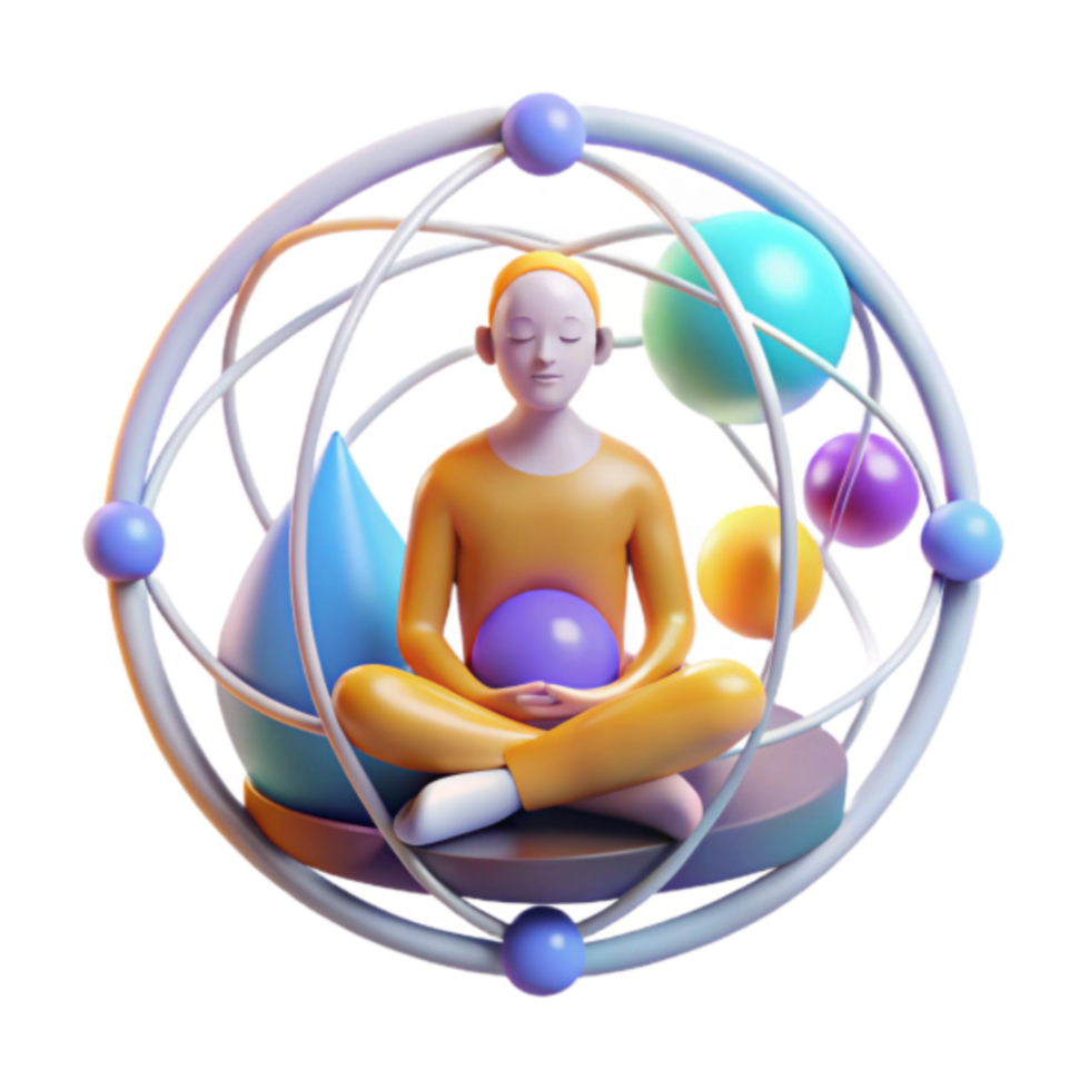 3D Illustration of Serene Figure in Colorful Atomic Sphere png