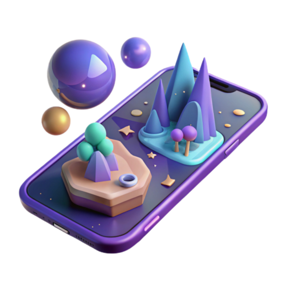 3D Render Smartphone Displaying Fantasy Landscape Illustration png