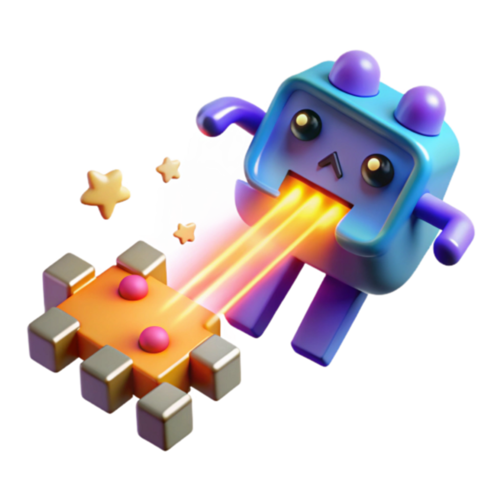 3D Render of Cute Robot Shooting Laser Beams at Block Puzzle png