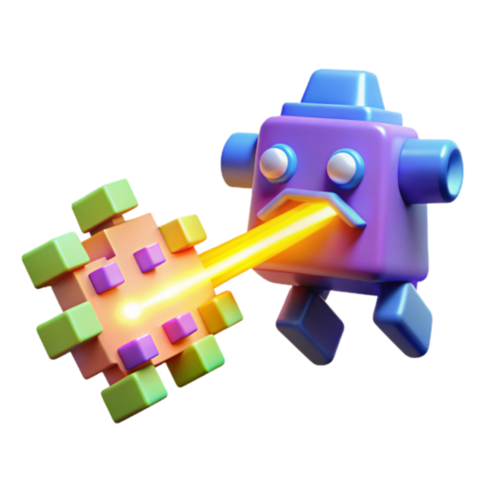 3D Render Colorful Cube Robot Shooting Laser Beam at Pixelated Target png