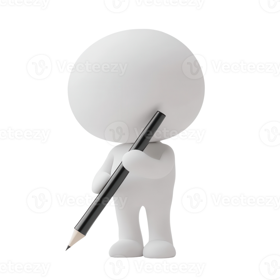 A 3D character holding a pencil, symbolizing creativity and imagination. png