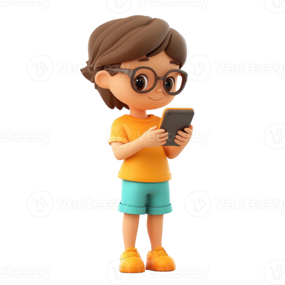A cheerful young boy with glasses happily using his smartphone. png
