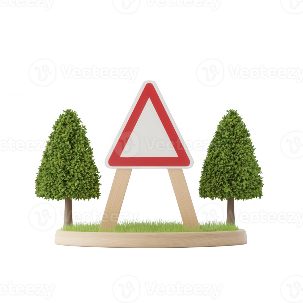 A 3D illustration of a warning sign surrounded by green trees on a grassy base. png