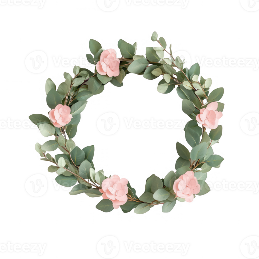 A beautiful floral wreath adorned with pink flowers and green leaves. png