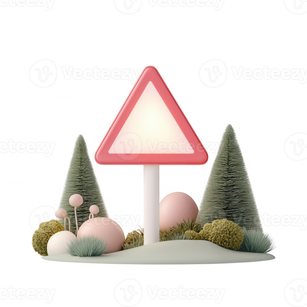 A beautiful stylized landscape featuring a warning sign amidst soft greenery. png