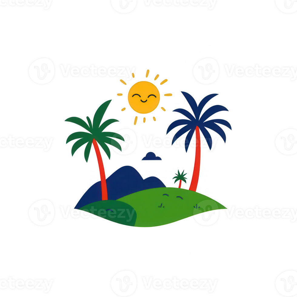 A cheerful illustration of a sunny landscape with palm trees and green hills. png