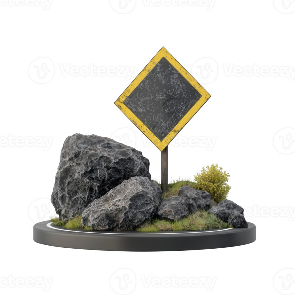 A caution sign with rocks and greenery, highlighting natural elements in a scenic setting. png