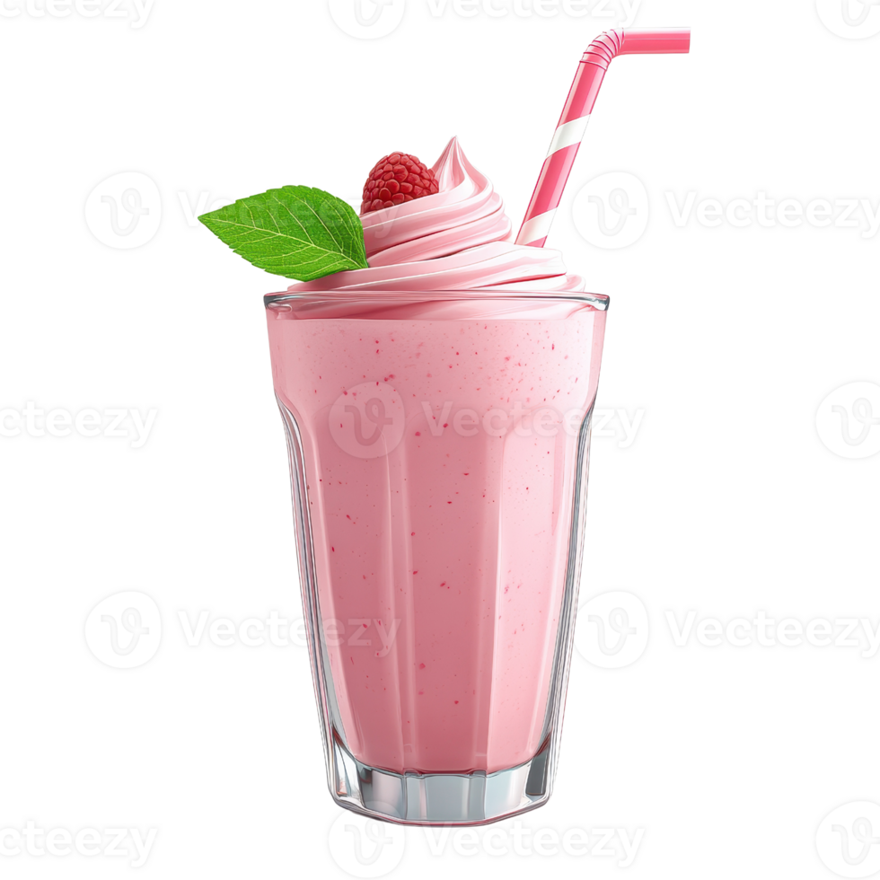 A delicious raspberry milkshake topped with whipped cream and a green leaf. png