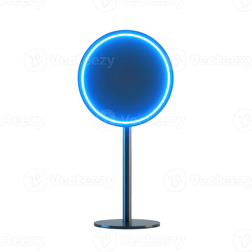 A modern neon sign design featuring a prominent circular shape in vibrant blue. png