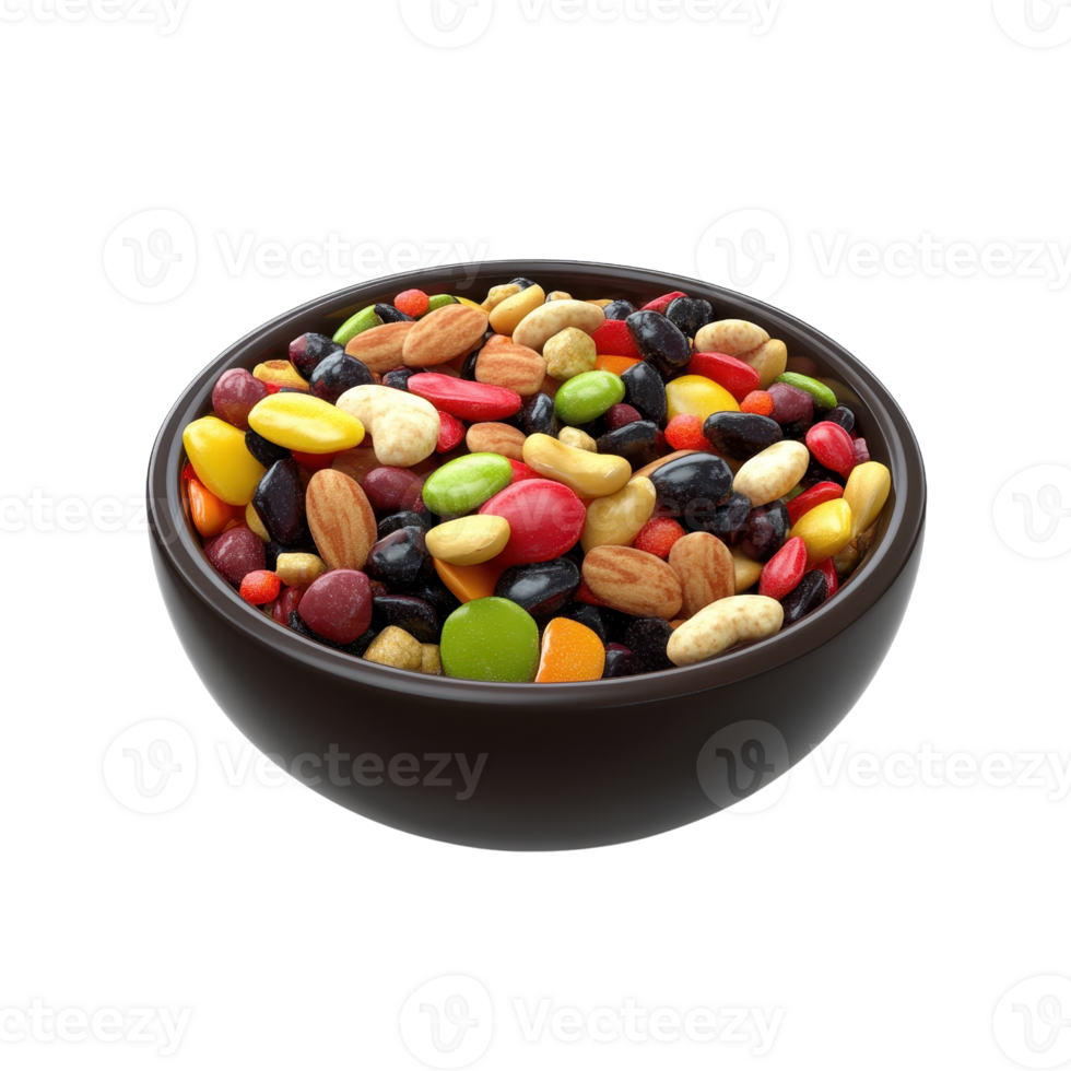 A colorful bowl of mixed nuts and dried fruits, perfect for healthy snacking. png