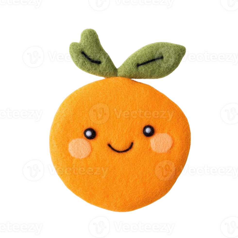 A cute plush orange with a smiling face and green leaves, perfect for children's decor. png
