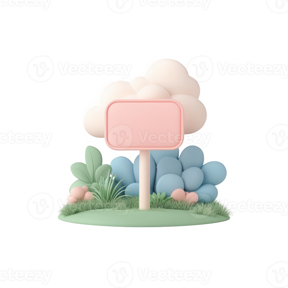 A colorful empty signboard surrounded by greenery and pastel clouds. png