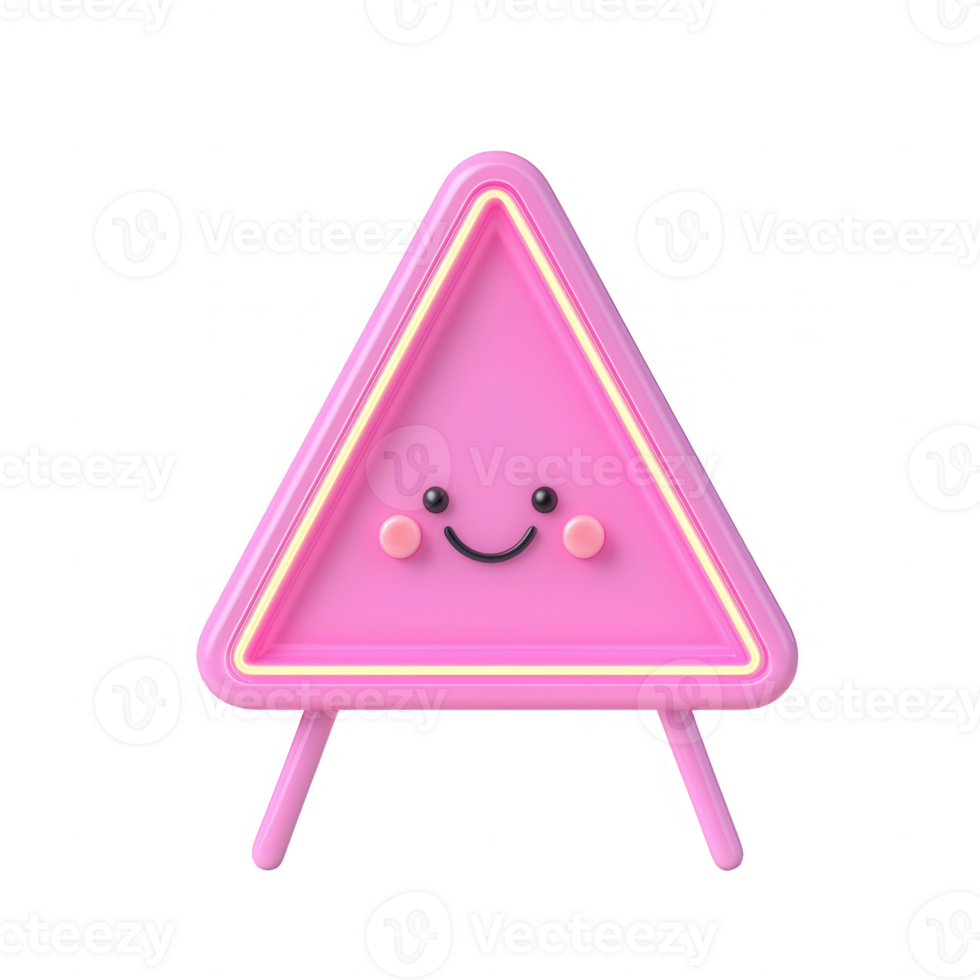 A cute pink neon triangular character with a smiling face and playful vibes. png