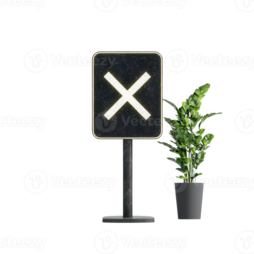 A decorative sign with an 'X' symbol next to a potted plant for modern spaces. png