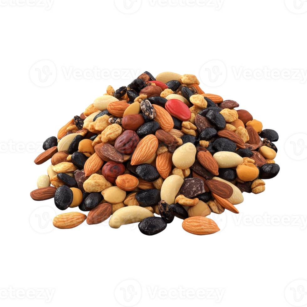 A colorful assortment of nuts and dried fruits piled together, perfect for healthy snacking. png