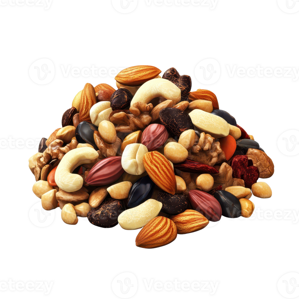 A colorful assortment of various nuts and seeds piled together for healthy snacking. png
