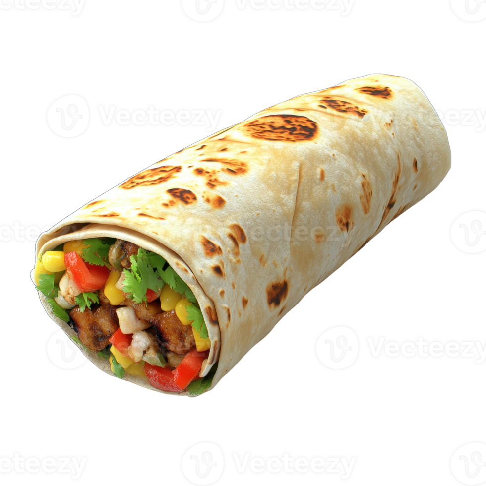A delicious burrito filled with fresh vegetables and savory meat wrapped in tortilla. png