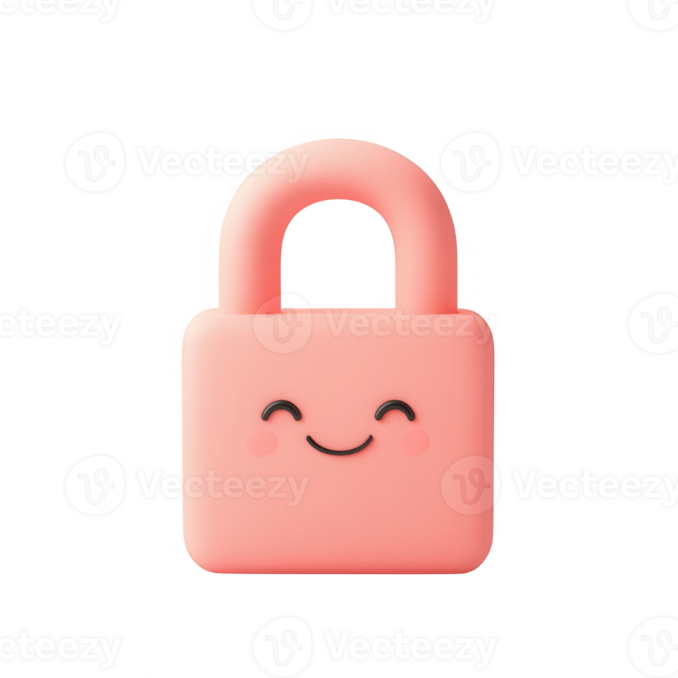 A friendly pink padlock with a smiling face, symbolizing security and safety. png