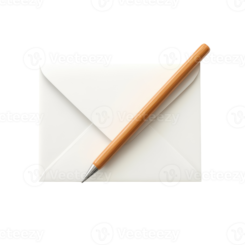 A simple white envelope with a wooden pen resting beside it on a clean surface. png