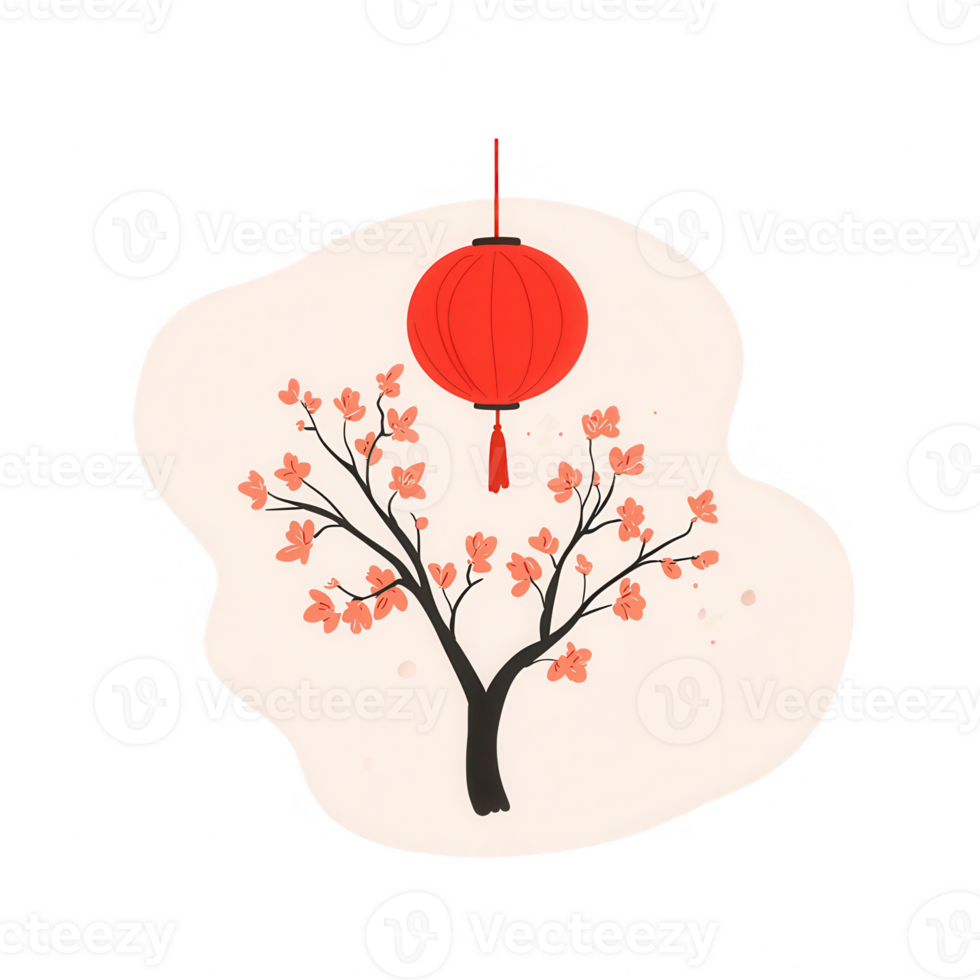 A vibrant illustration of a flowering tree with a red lantern, symbolizing celebration. png