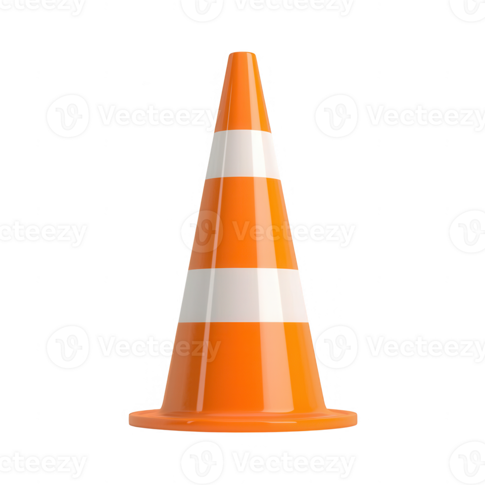 A vibrant orange traffic cone with white stripes, commonly used for safety. png