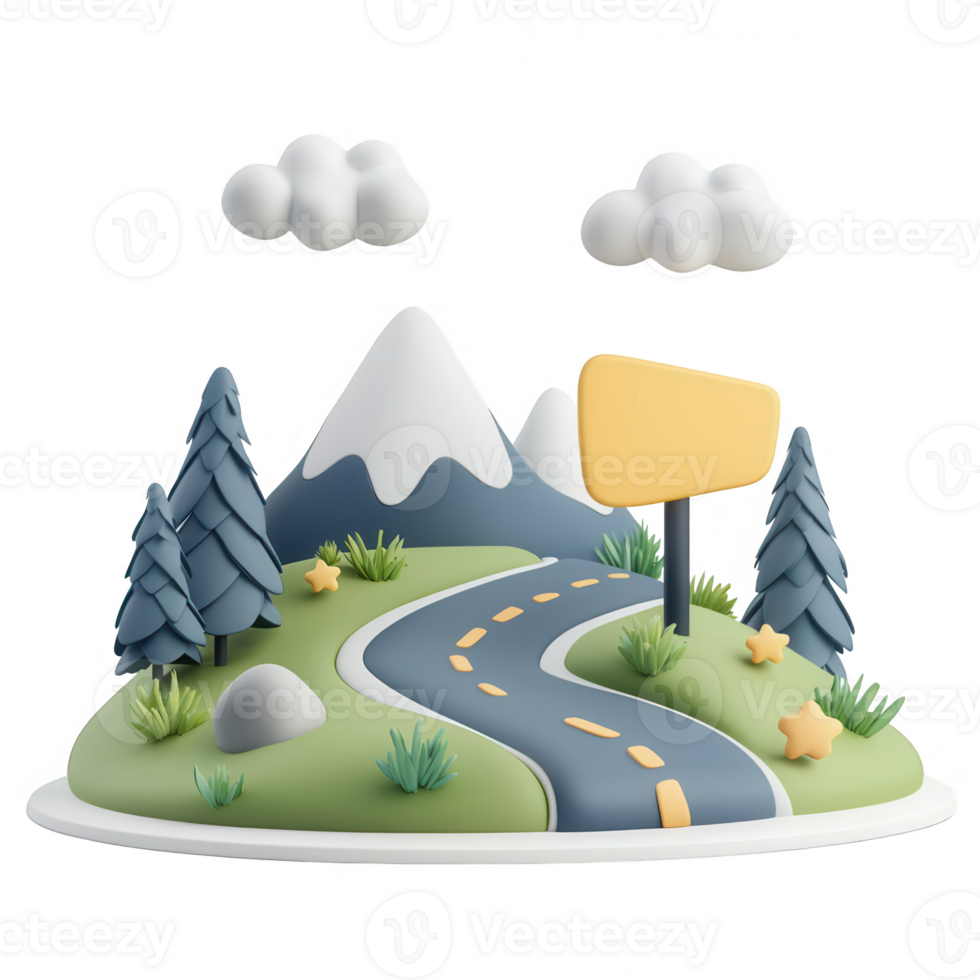 A vibrant, whimsical landscape featuring mountains and a winding road. png