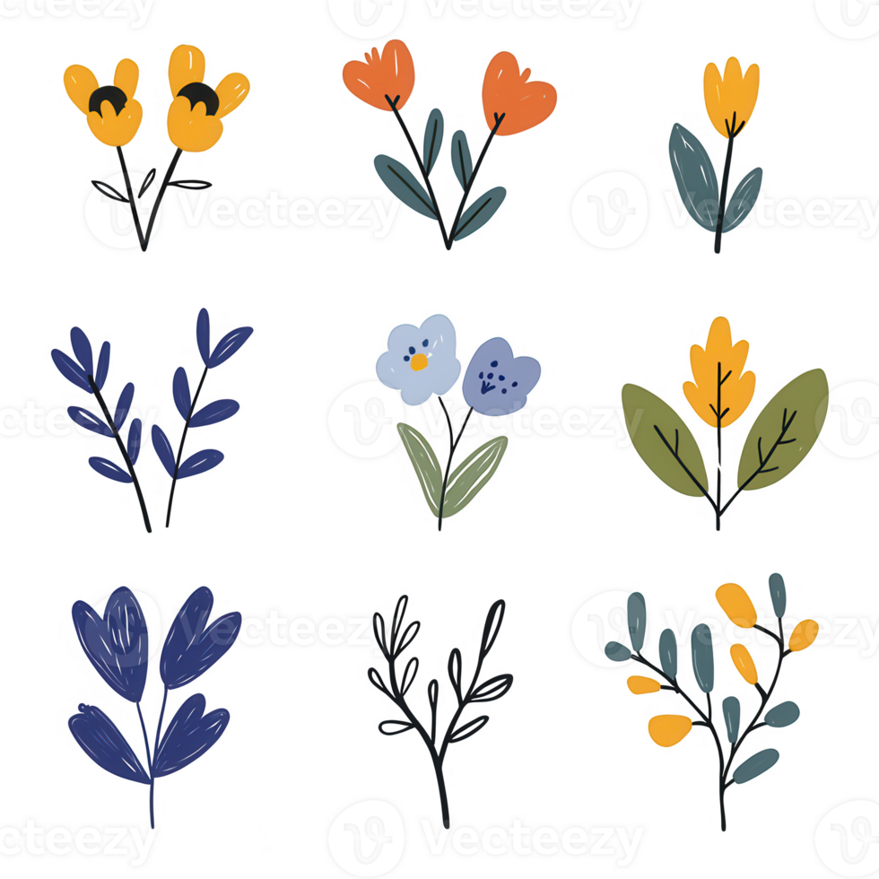 A vibrant collection of illustrated flowers in various colors and styles. png