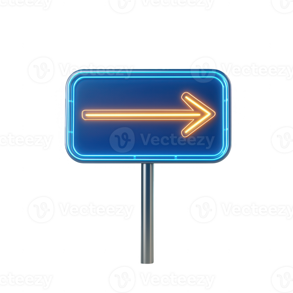 A vibrant neon direction sign illuminating the path ahead with a bright arrow. png