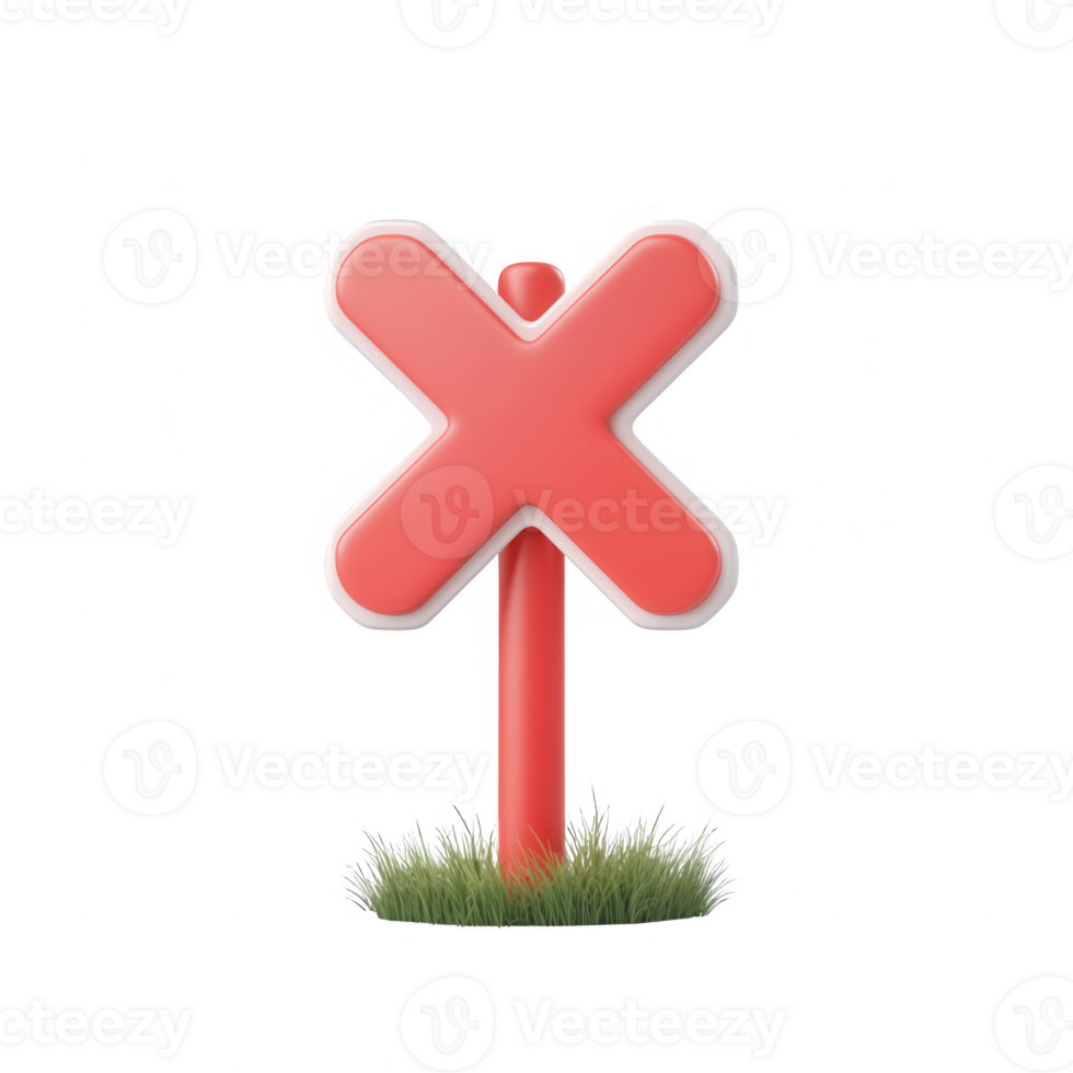 A vibrant red cross sign on a green grass patch, symbolizing rejection or prohibition. png