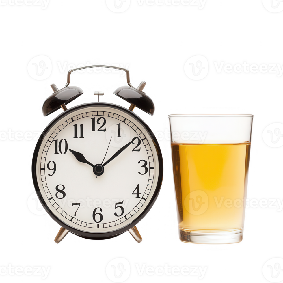 A vintage alarm clock next to a glass of refreshing golden beverage. png