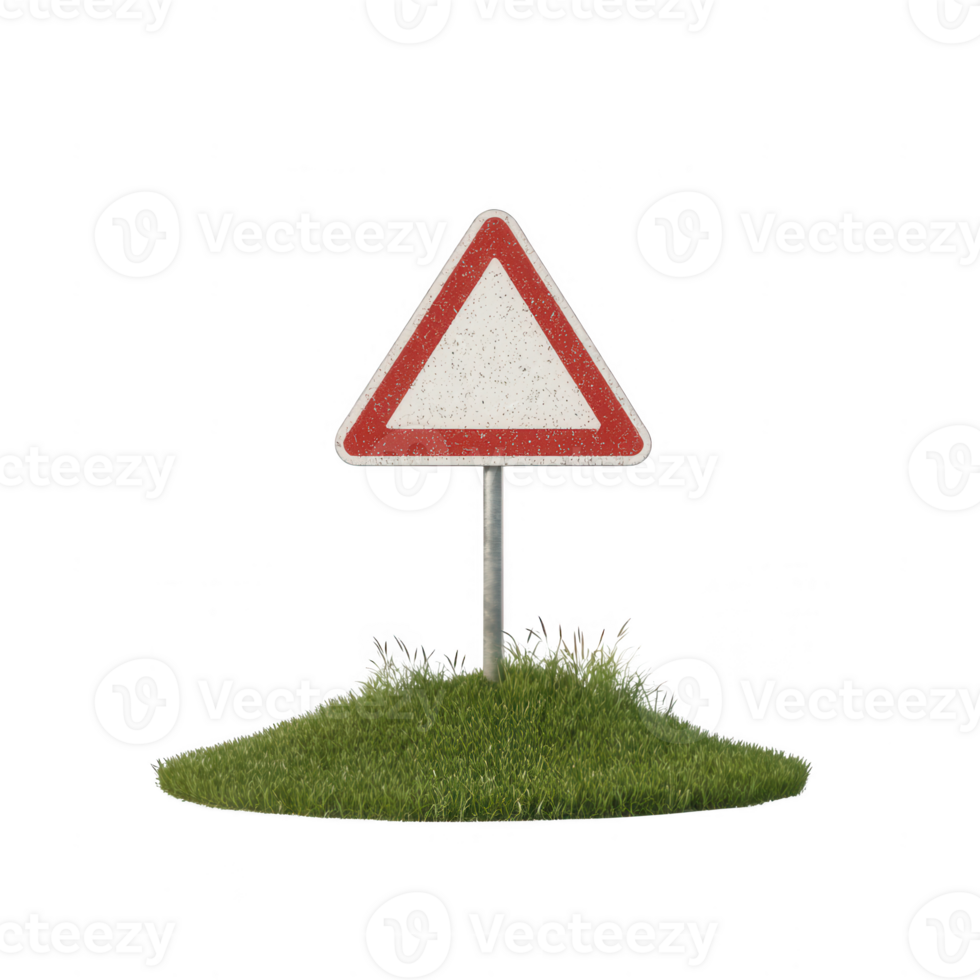 A warning sign on grass, symbolizing caution and road safety in an urban setting. png