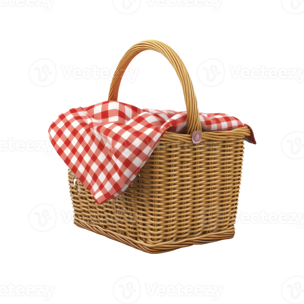 A wicker picnic basket with a red and white checked cloth for outdoor dining. png