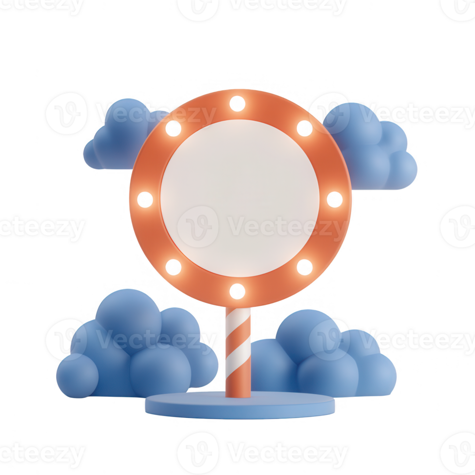 Blank circular sign surrounded by cartoon clouds in a colorful 3D design. png