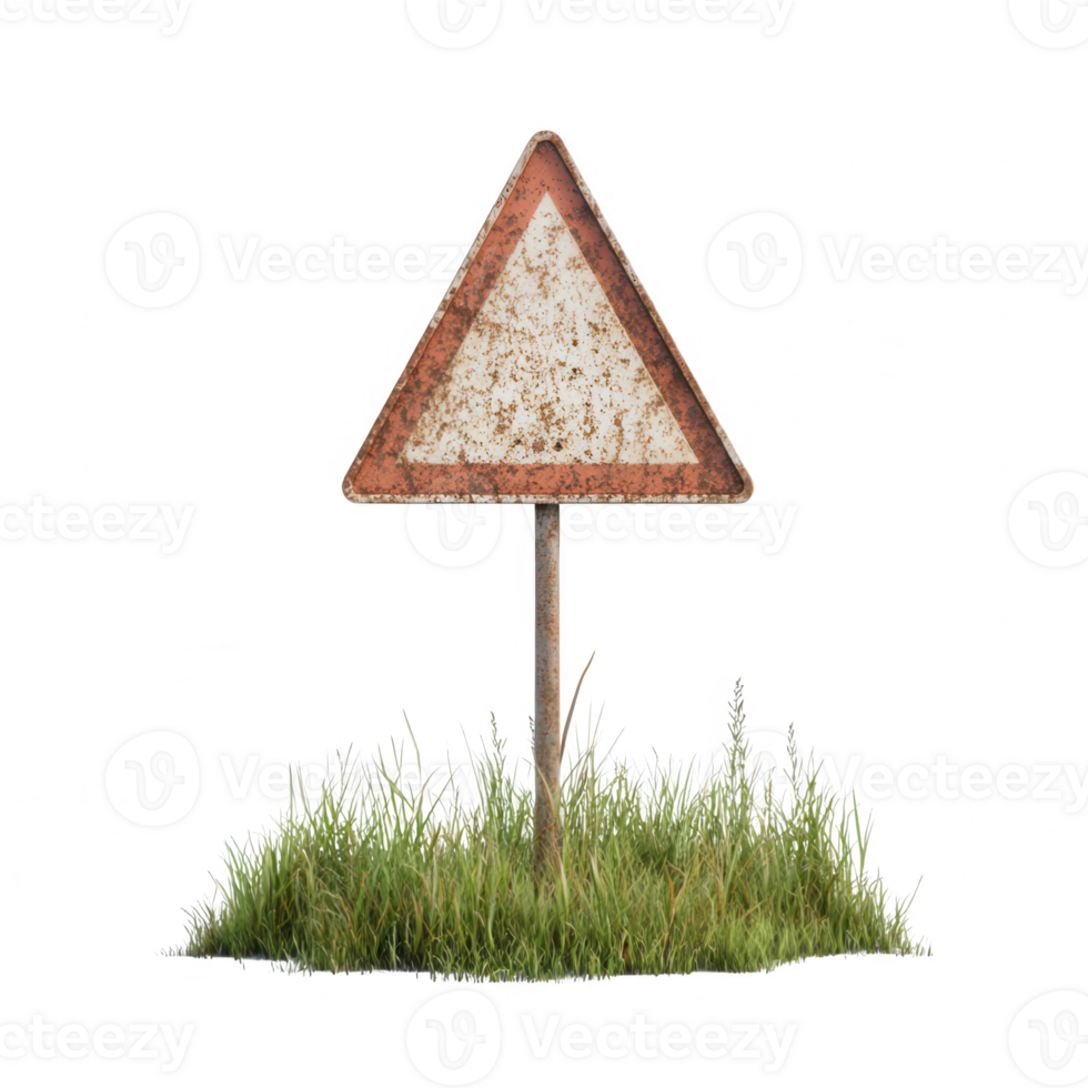 A weathered warning sign surrounded by green grass, symbolizing caution in nature. png