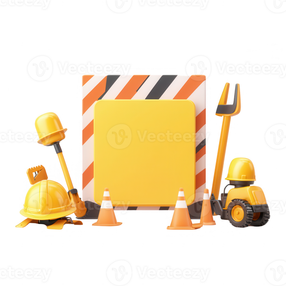Construction tools and safety equipment arranged with a blank sign for advertising. png