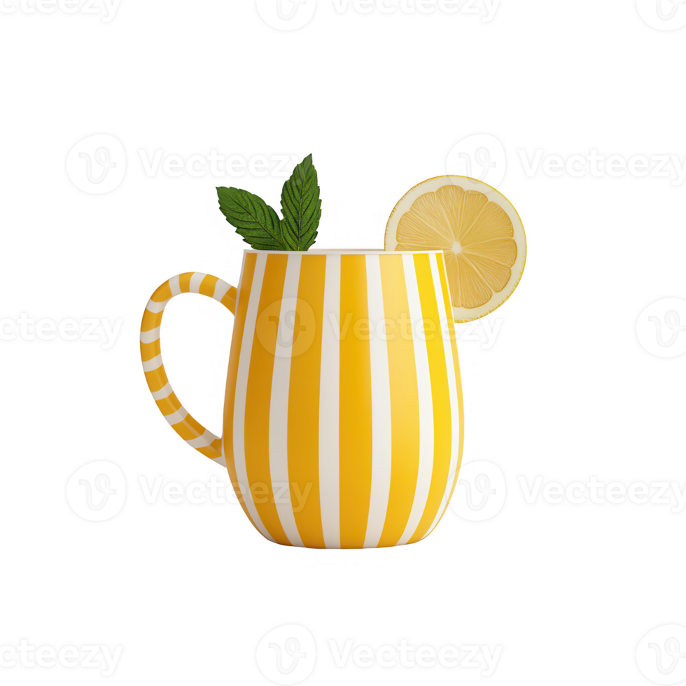 Bright striped mug filled with refreshing lemonade and fresh mint leaves. png