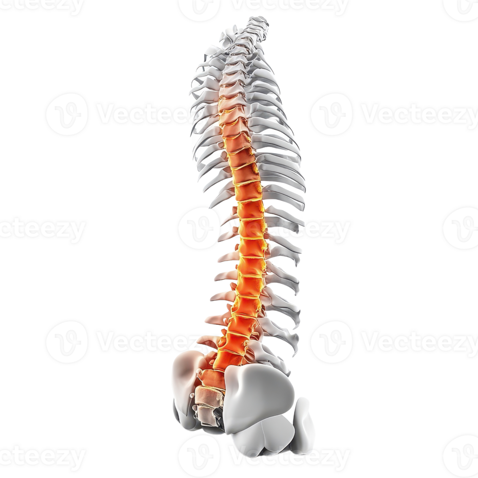 Detailed anatomical model of a human spine showcasing vertebrae structure. png