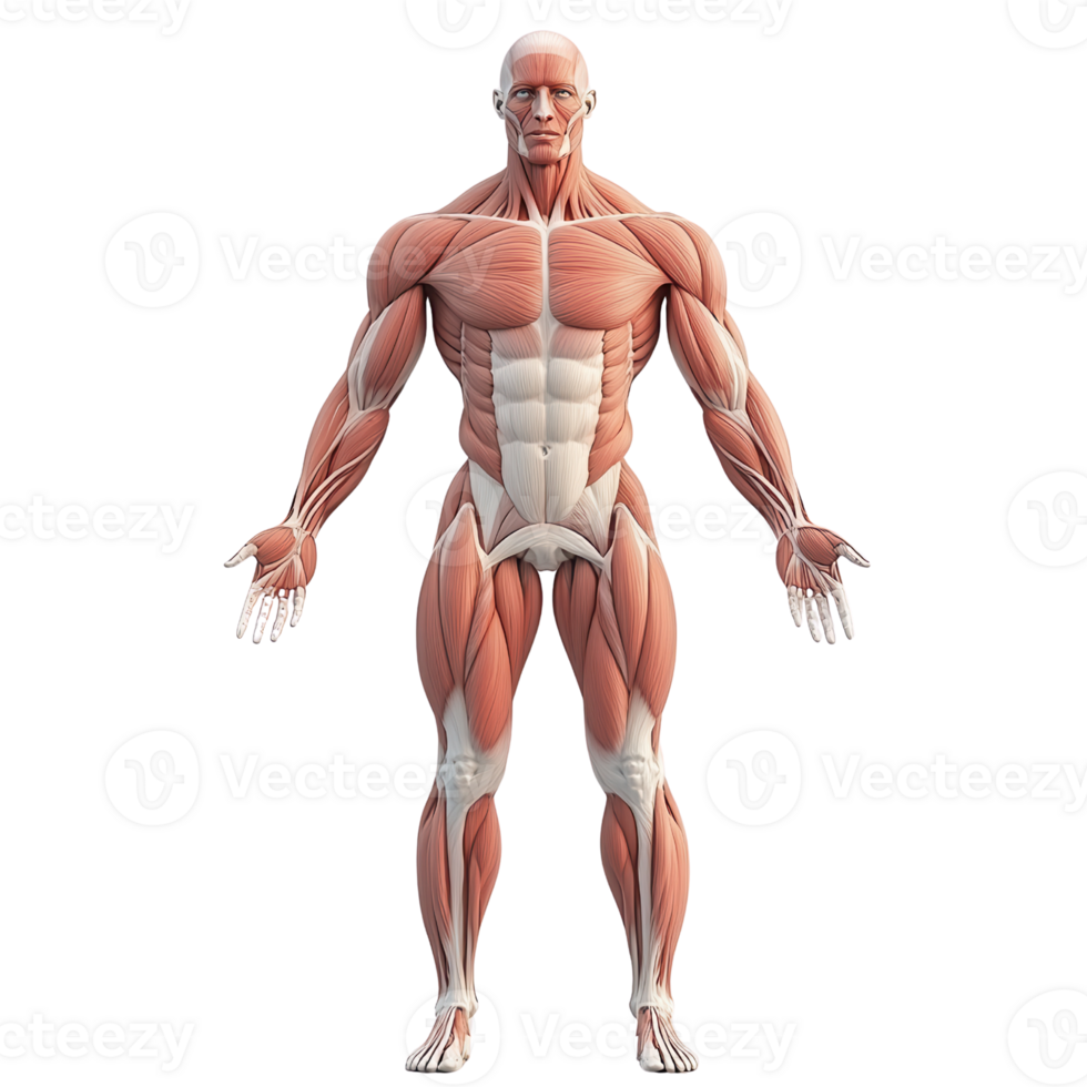 Detailed anatomical model illustrating human muscle structure and anatomy. png