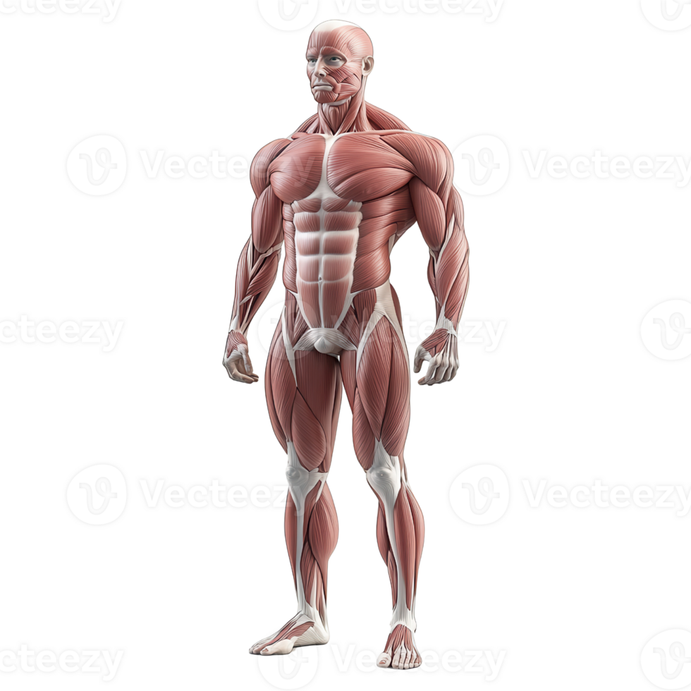 Detailed human anatomical model showcasing muscle structure and physical form. png
