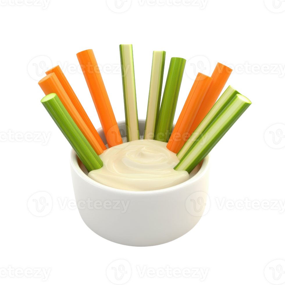 Fresh vegetable sticks arranged in a bowl of creamy dip, perfect for appetizers. png