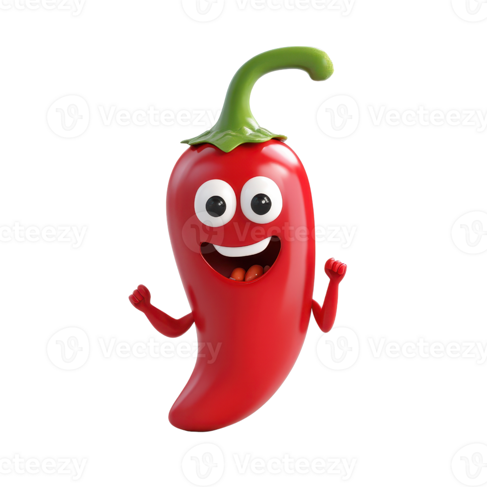 Happy cartoon chili pepper character with a big smile and energetic pose. png