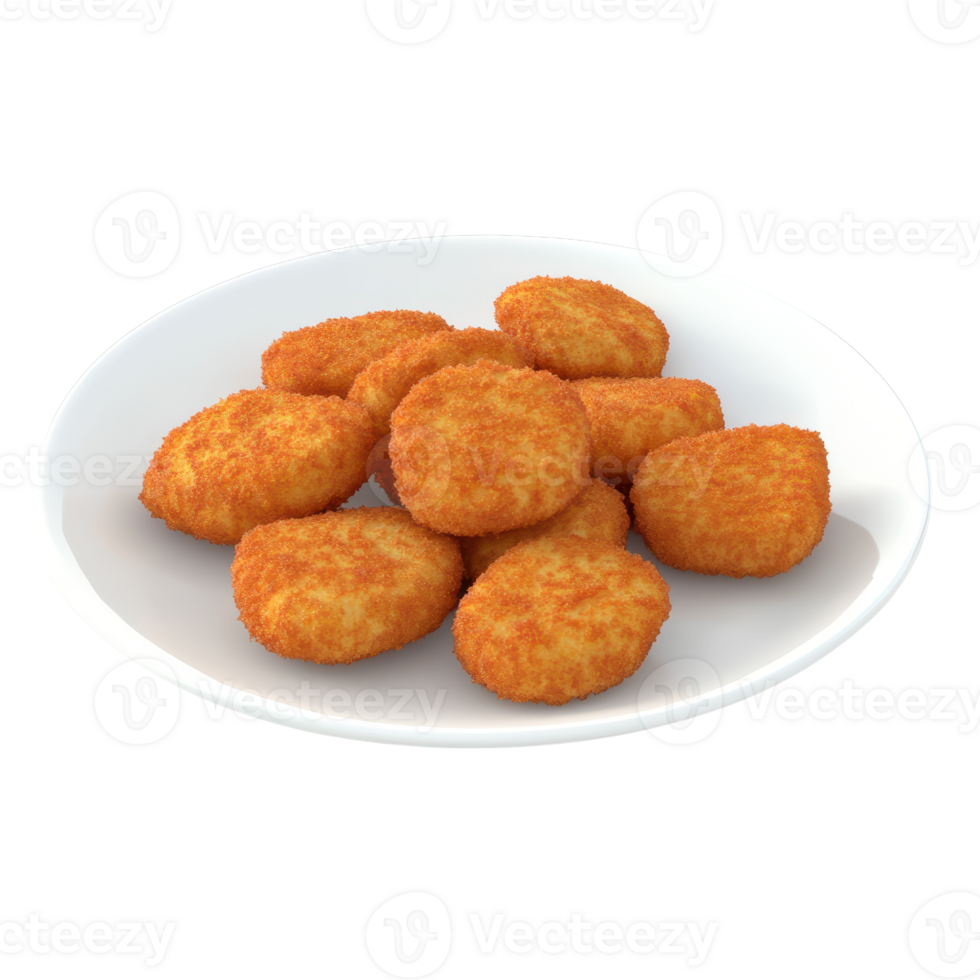 Delicious golden chicken nuggets arranged on a white plate for a tempting snack. png