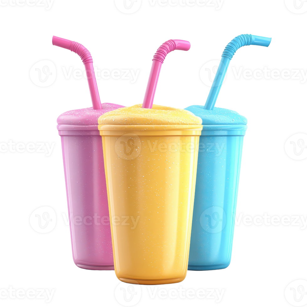 Three colorful drinks in vibrant cups with straws, perfect for summer enjoyment. png